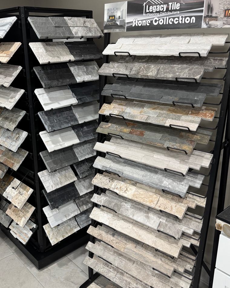 Natural stone ledger panel samples on display in the showroom